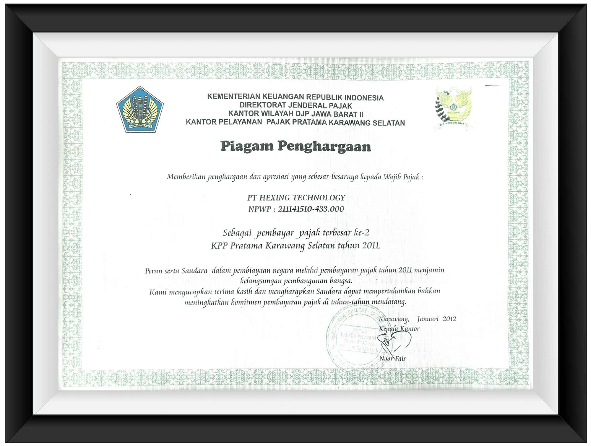 Certificate - Piagam Penghargaan Wajib Pajak